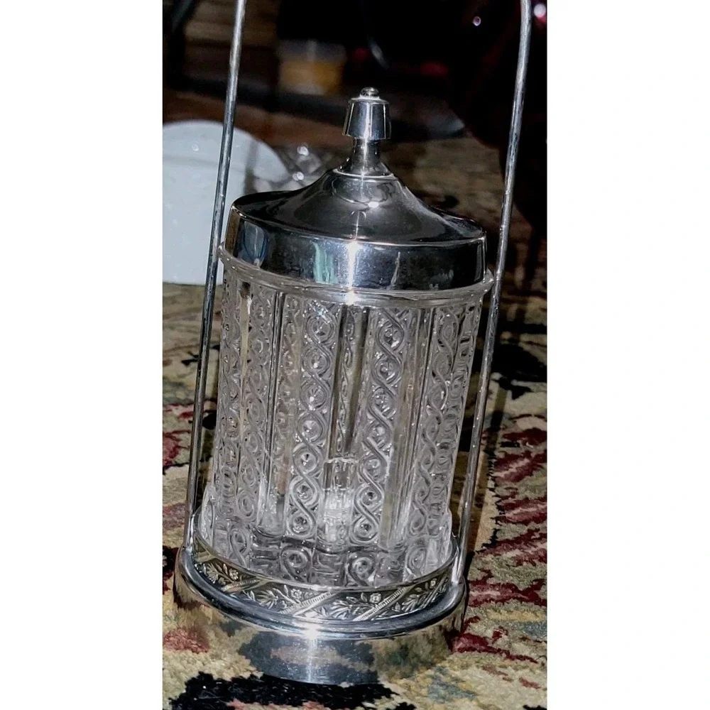 Victorian Pickle Caster Ornate Silver Plated Base Tall Handle Victorian EAPG JAR